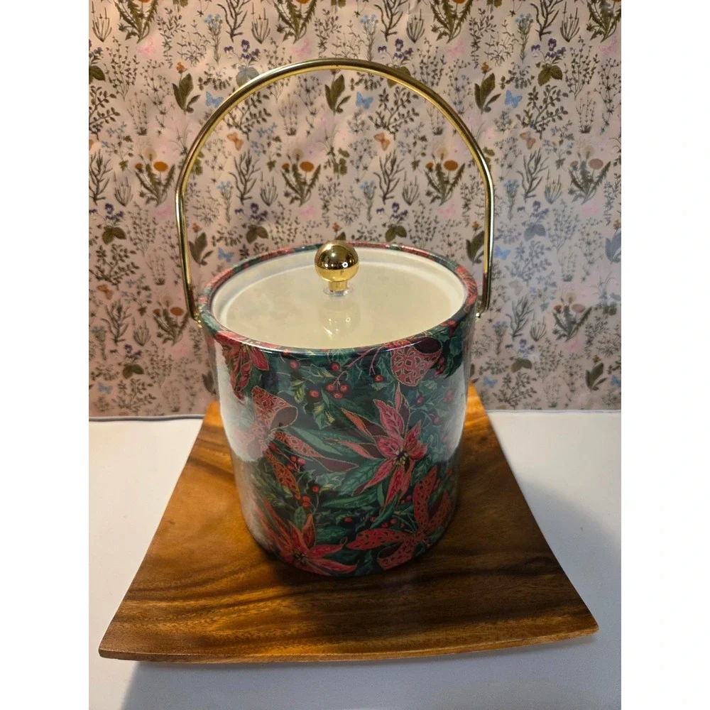 Vintage Kraftware Christmas Poinsettia Ice Bucket with Brass Lid knob and Handle